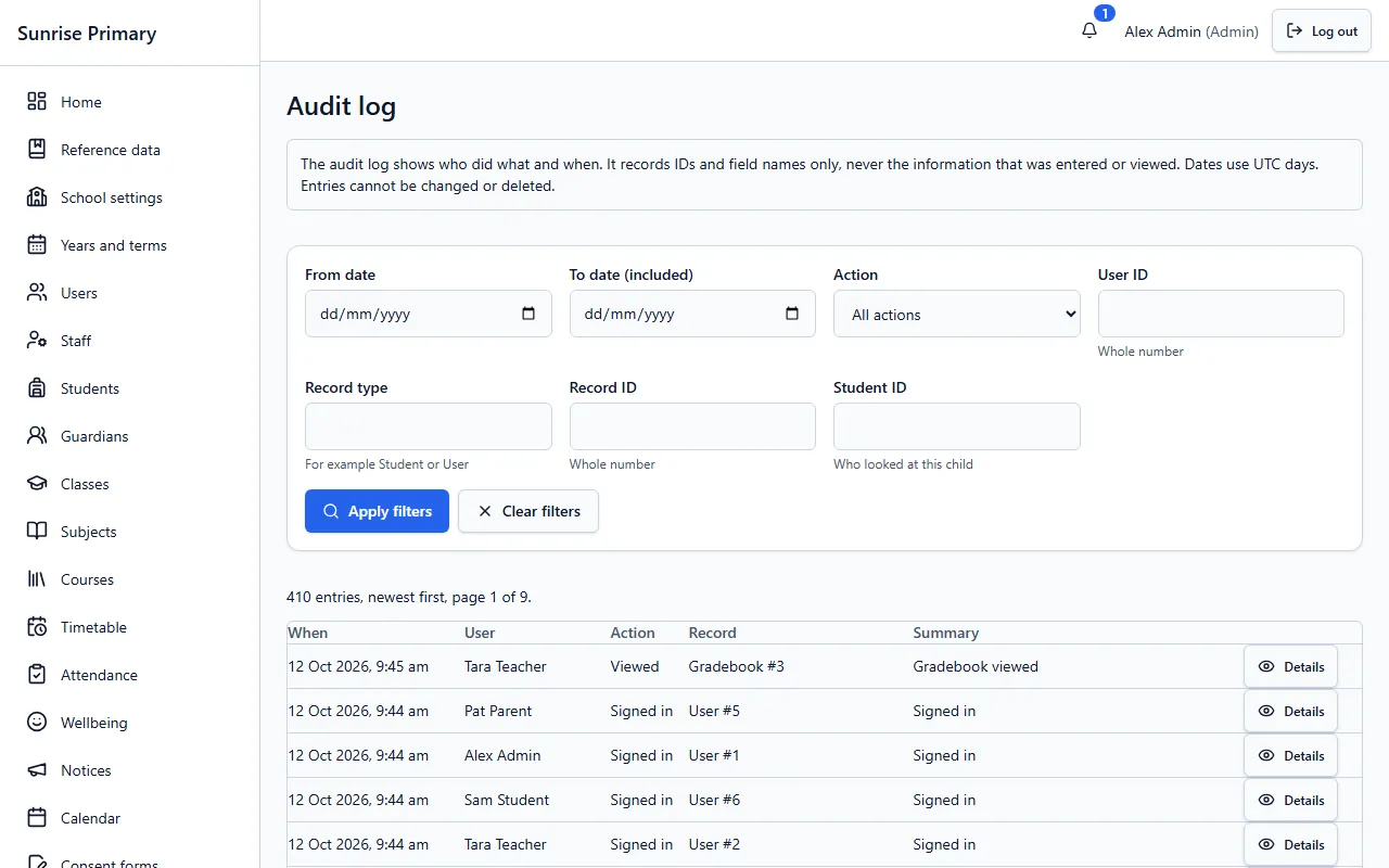 The Audit log screen of the demo school: filters for date, action, user and record, and a table of recent entries showing when, who, the action and the record.