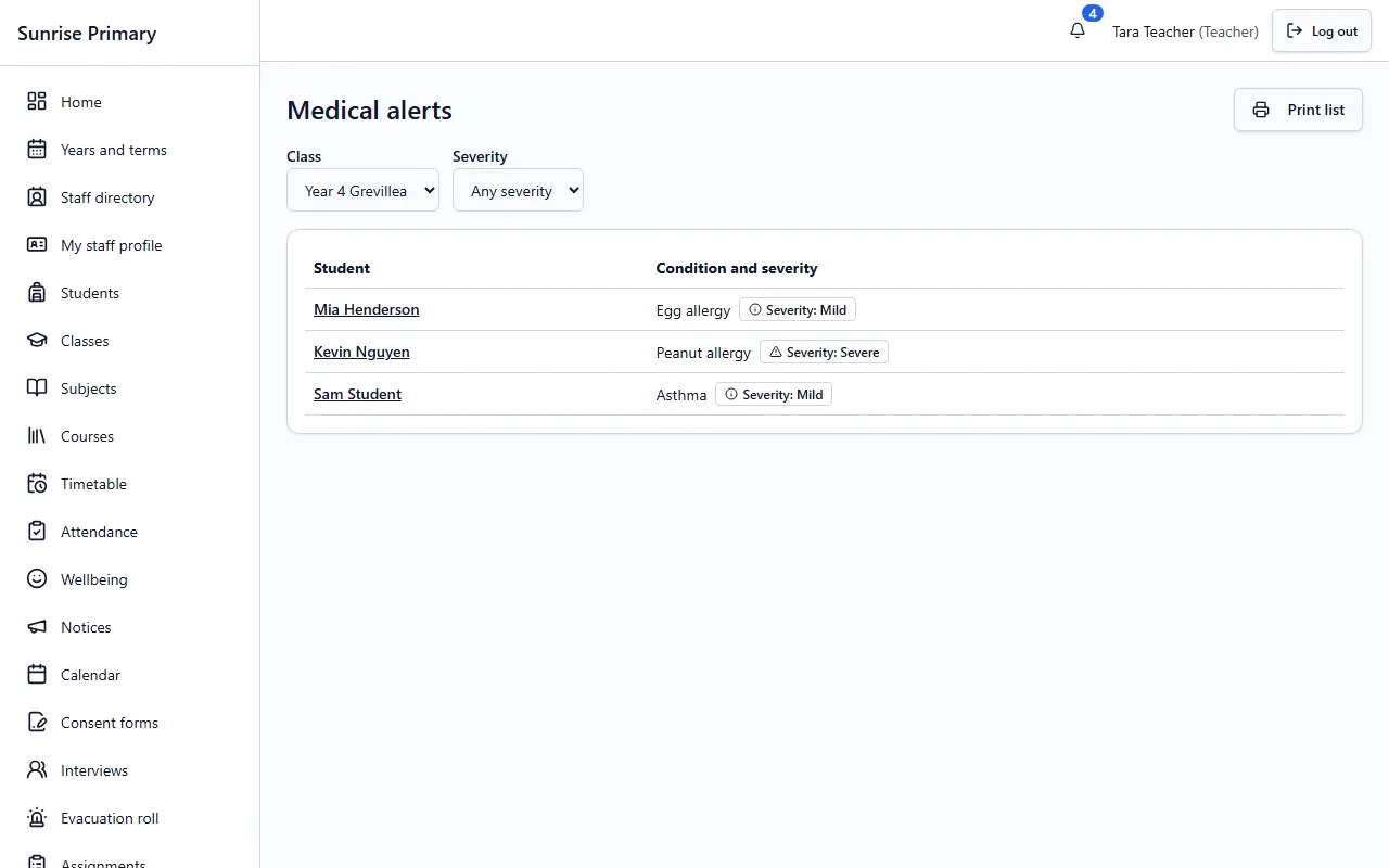 The Medical alerts screen of the demo school: a class and severity filter and a list of three fictional students with a condition and a severity label, and a Print list button.