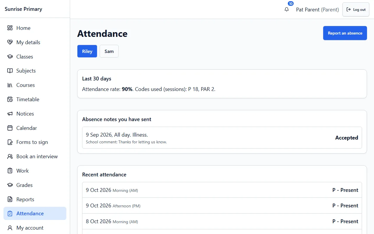 The Attendance screen as a parent sees it in the demo school: a 30 day attendance rate, an absence note marked Accepted with a school comment, and a list of recent attendance.