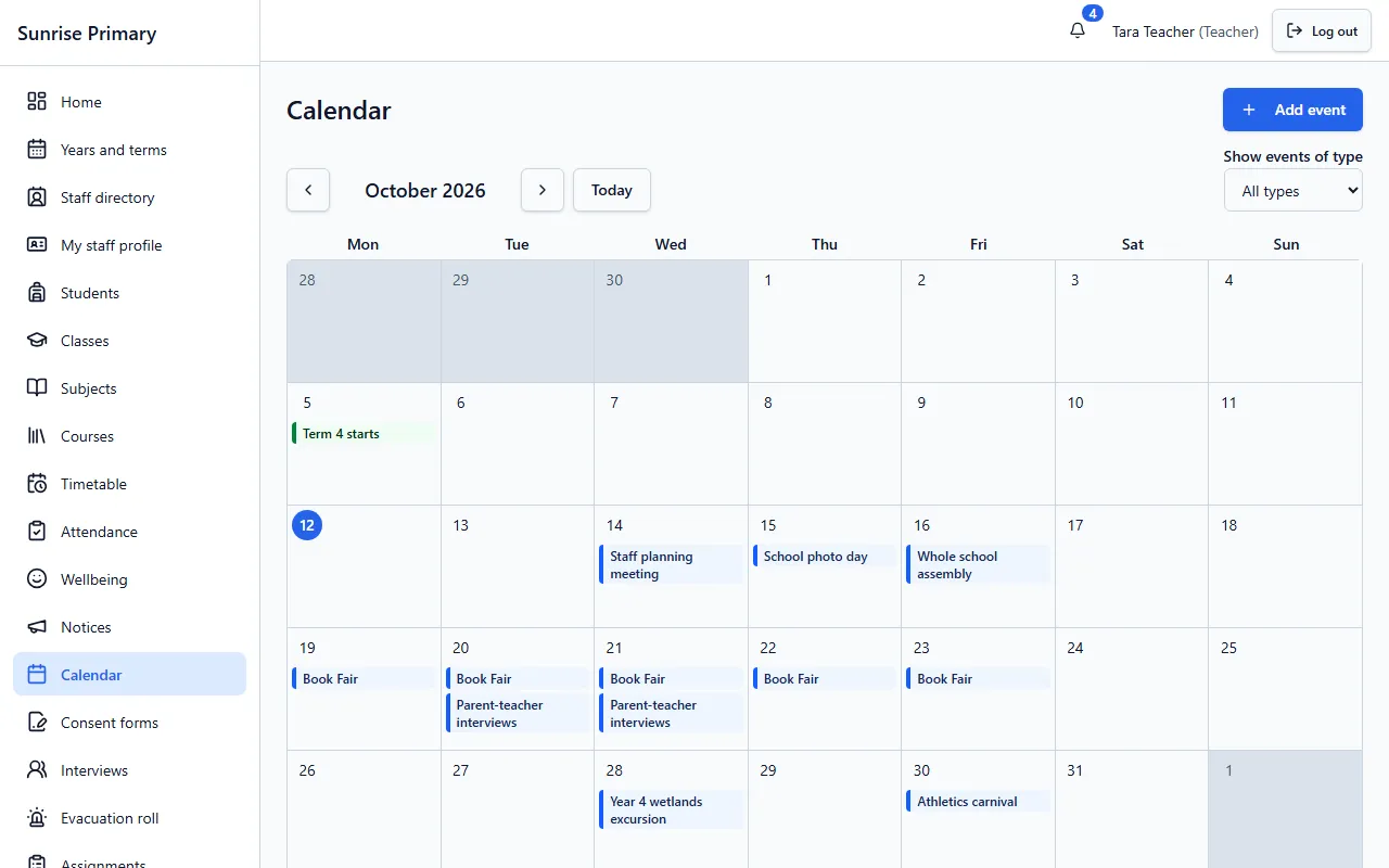 The Calendar screen of the demo school showing October with events such as Term 4 starts, school photo day, Book Fair, parent-teacher interviews and an excursion, and a filter for the type of event.