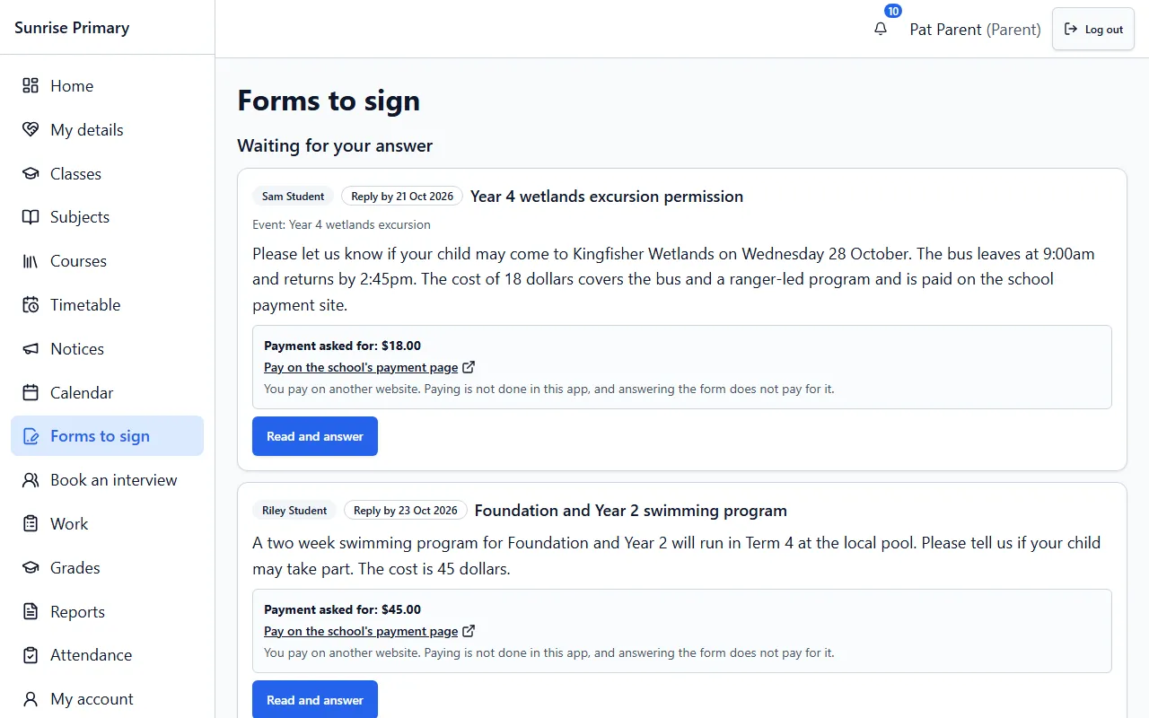 The Forms to sign screen as a parent sees it in the demo school: an excursion permission and a swimming program form, each with a reply-by date, a Read and answer button and a note that payment happens on another website.