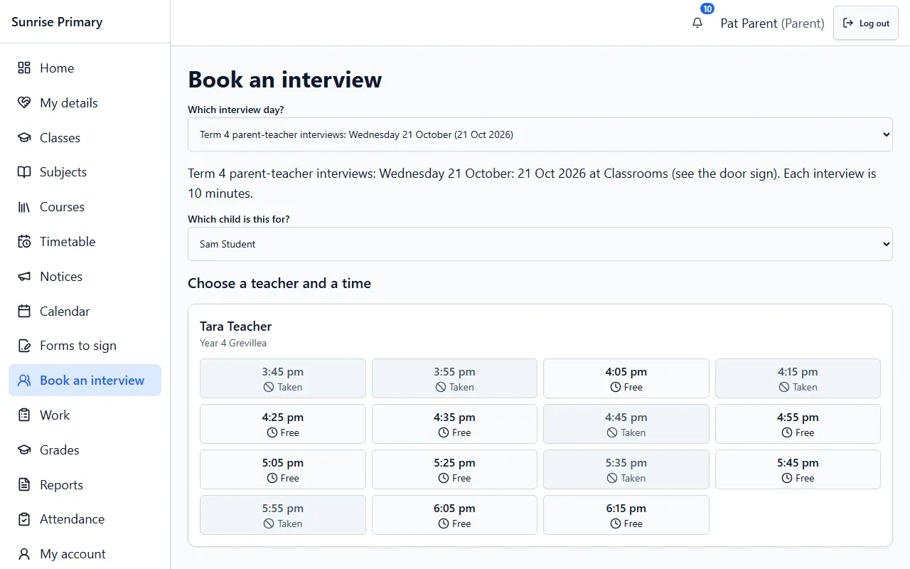 The Book an interview screen as a parent sees it in the demo school: choose a day and a child, then pick a free time from the teacher’s slots, with taken times greyed out.