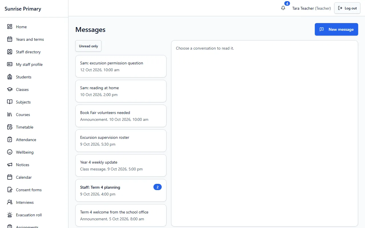 The Messages screen of the demo school: a list of conversations with dates, including announcements, a class message and a staff thread with an unread count, and a New message button.