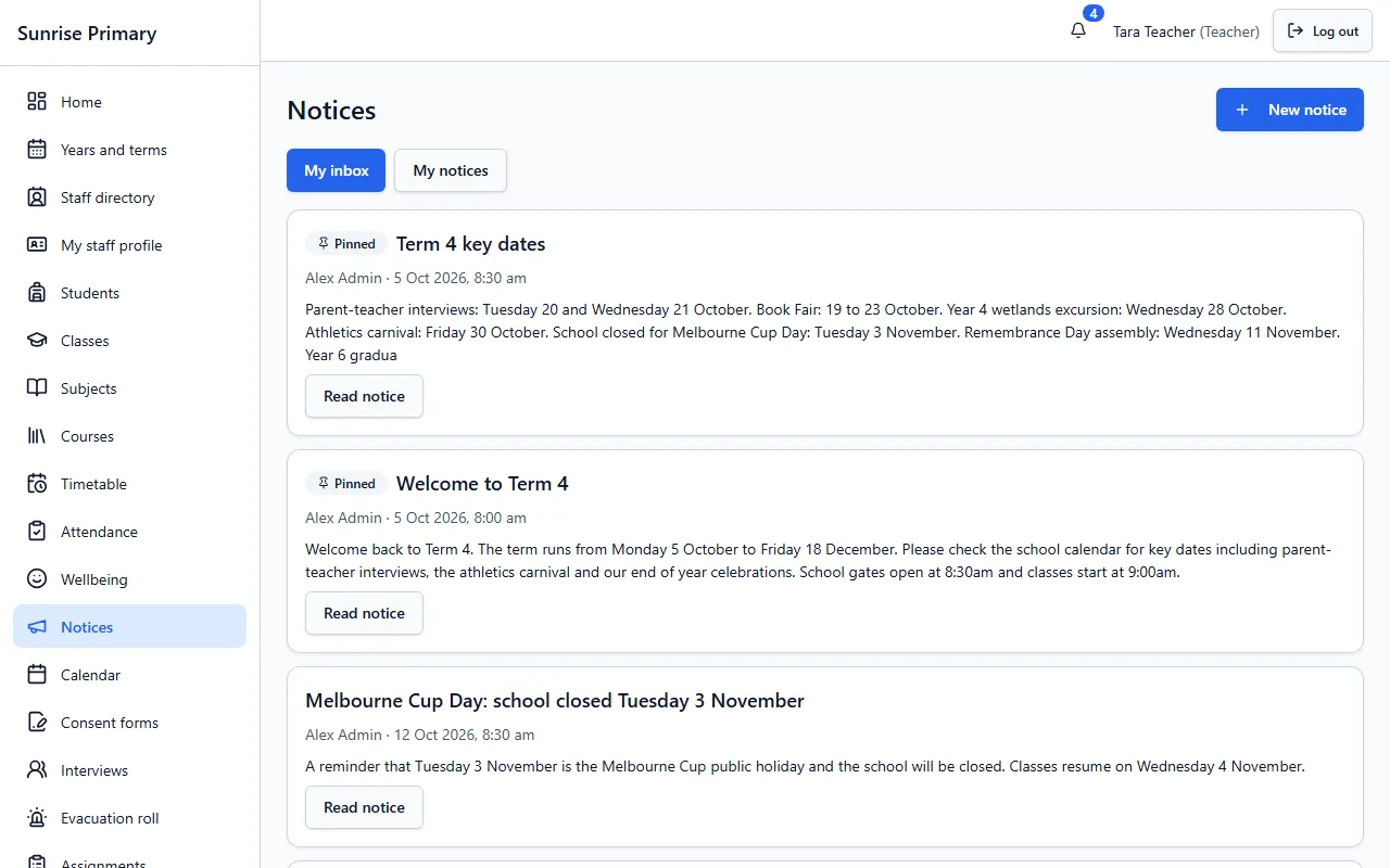 The Notices screen as a teacher sees it in the demo school: pinned notices for Term 4 key dates and a welcome, then a recent reminder, each with a Read notice button and a New notice button.
