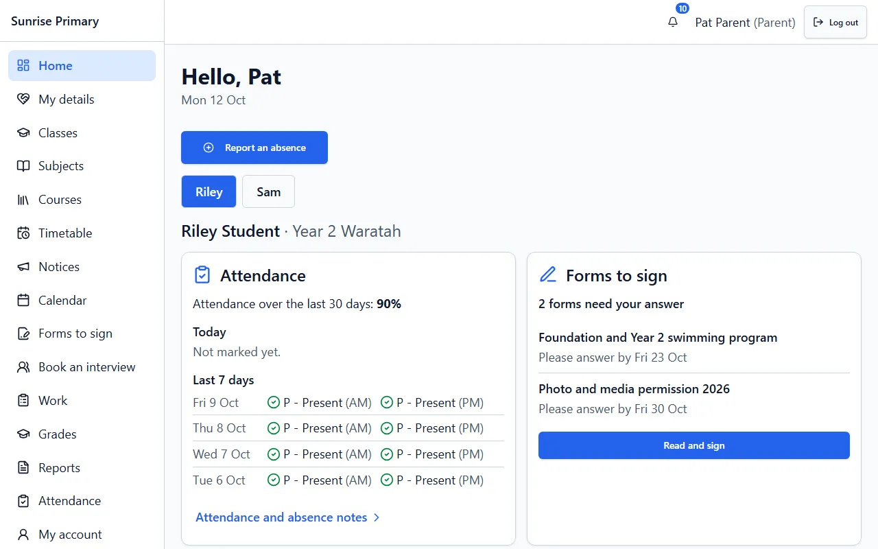 The parent home screen in the demo school: a Hello message, a Report an absence button, a switch between two children, an attendance summary and a Forms to sign card.