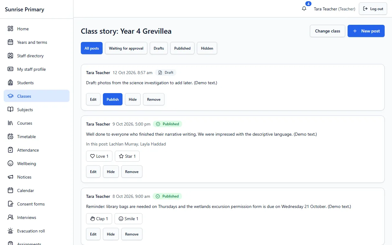 The Class story screen of a Year 4 class in the demo school: filters for All posts, Waiting for approval, Drafts, Published and Hidden, with a draft post and two published posts showing reactions.