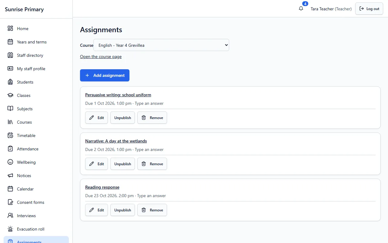 The Assignments screen of the demo school: three English assignments with due dates and the way students respond, each with Edit, Unpublish and Remove buttons.