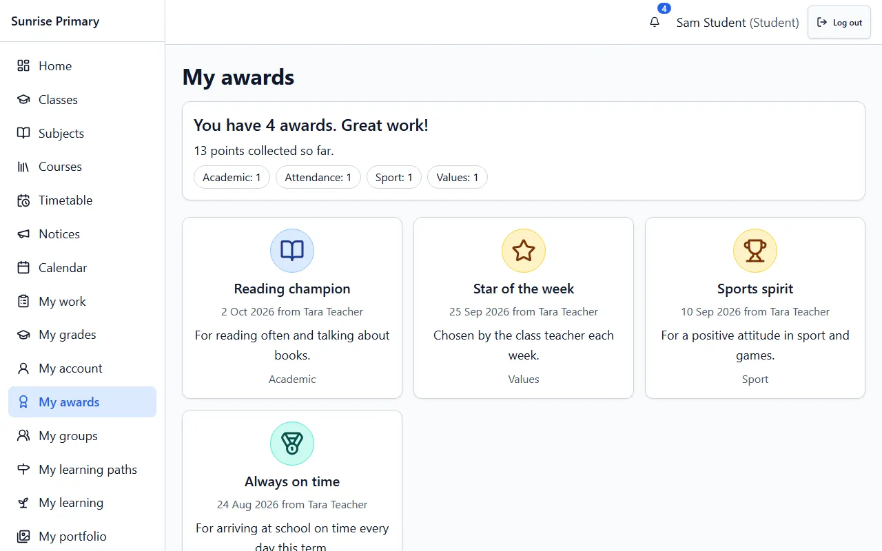 The My awards screen as a student sees it in the demo school: a summary of four awards and 13 points, and cards for Reading champion, Star of the week, Sports spirit and Always on time.