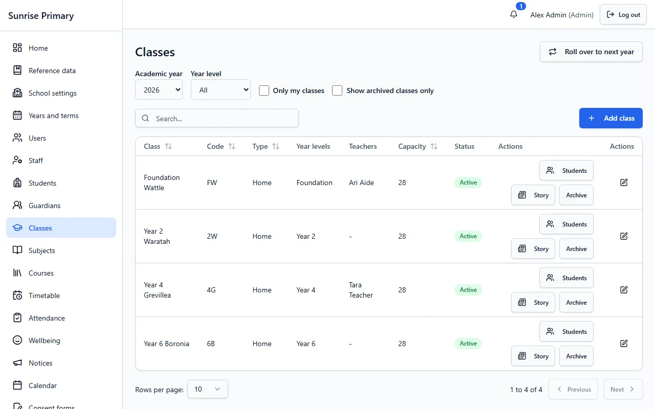 The Classes screen of the demo school: a table of four classes with type, year level, teacher, capacity and status, and buttons for Students, Story and Archive.