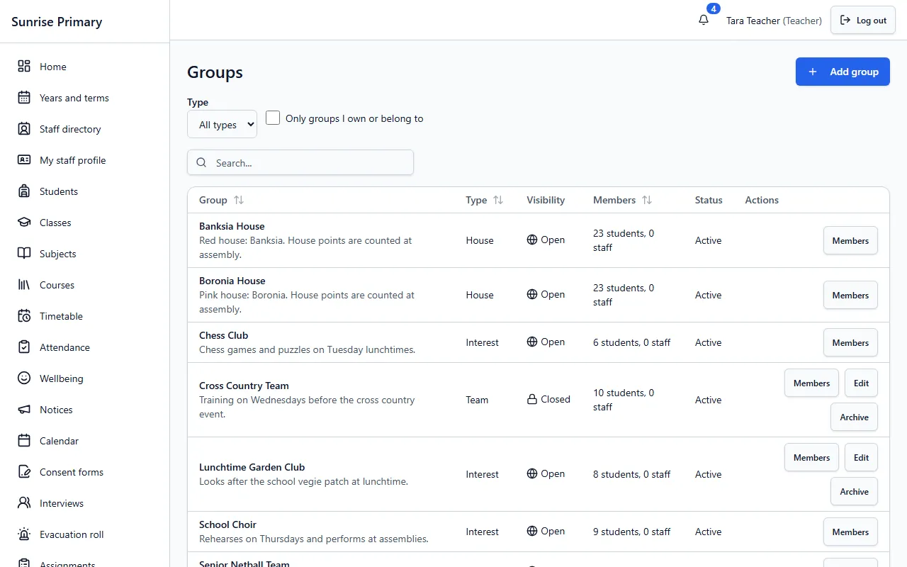 The Groups screen of the demo school: house, interest and team groups such as Chess Club and School Choir, with visibility, member counts and status.