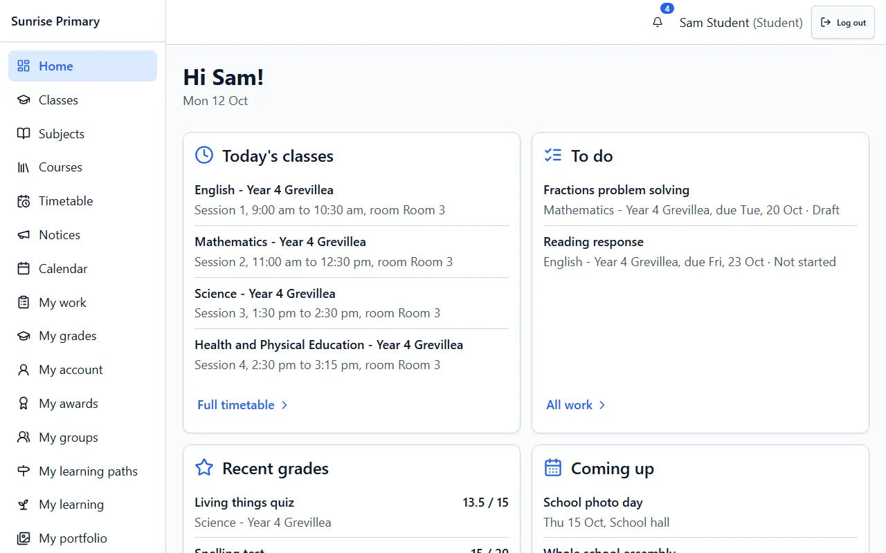 The student home screen of the demo school, titled Hi Sam: today’s classes, a To do list with due dates, recent grades and what is coming up.
