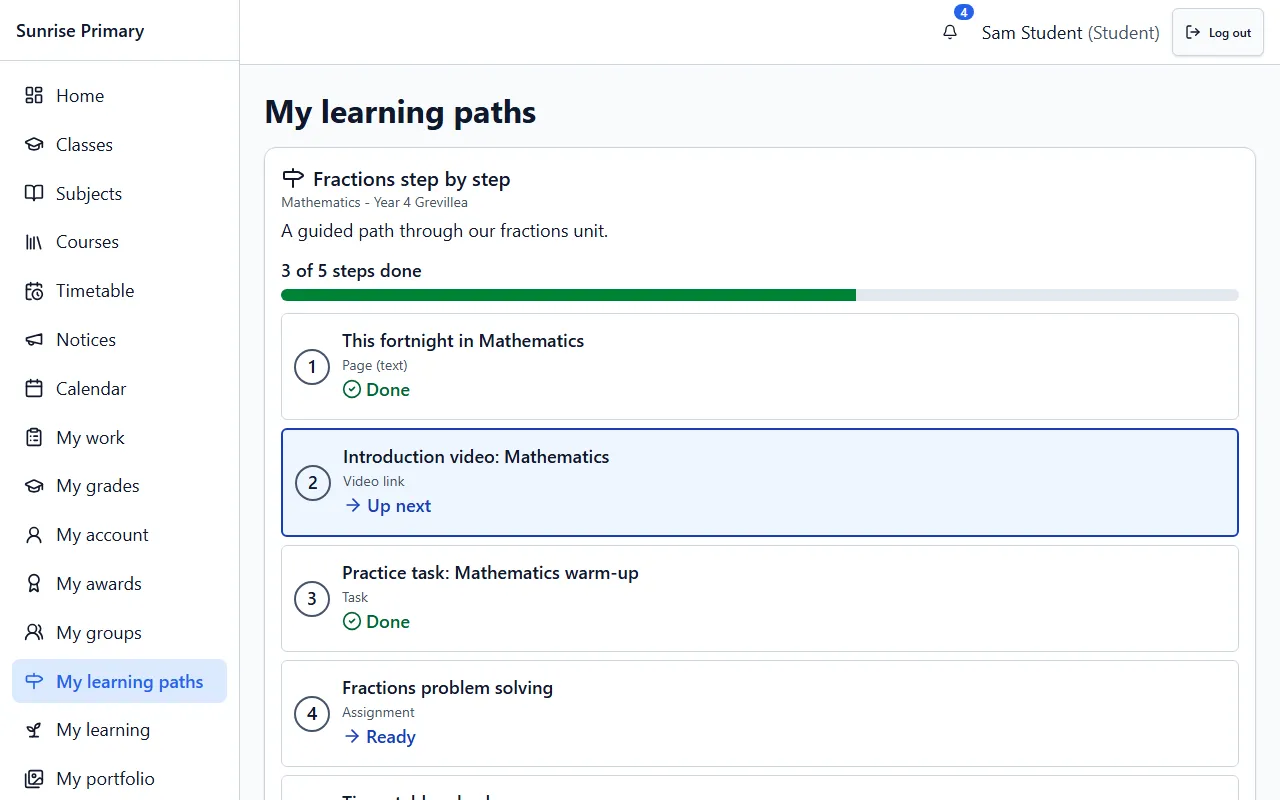 The My learning paths screen as a student sees it in the demo school: a fractions path with a progress bar showing three of five steps done and the next step highlighted.