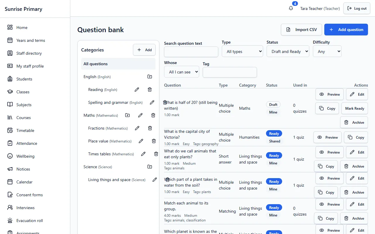 The Question bank screen of the demo school: a list of subject categories on the left and a table of questions on the right with type, category, Draft or Ready status and how many quizzes use each question.