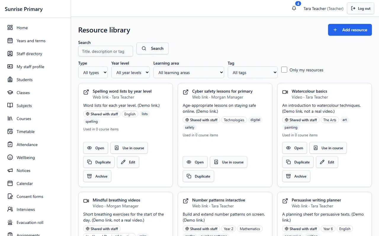 The Resource library of the demo school: search and filters for type, year level, learning area and tag, and cards for spelling lists, a cyber safety lesson and a watercolour video, each shared with staff.