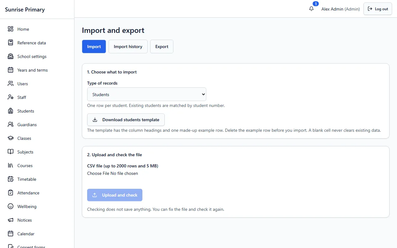 The Import and export screen of the demo school: choose the type of records, download a template, then upload and check a CSV file. Tabs for Import, Import history and Export.