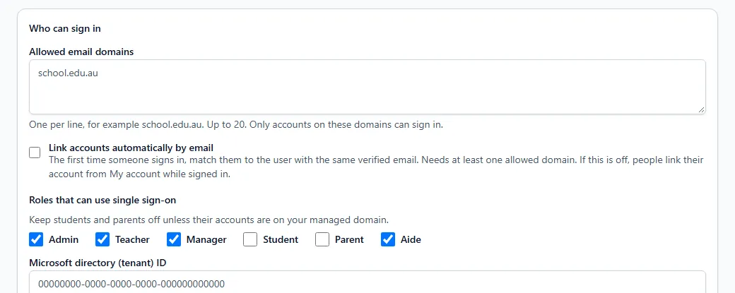 Part of the Single sign-on settings in the demo school: allowed email domains, an option to link accounts by email, and tick boxes for the roles that may use single sign-on.