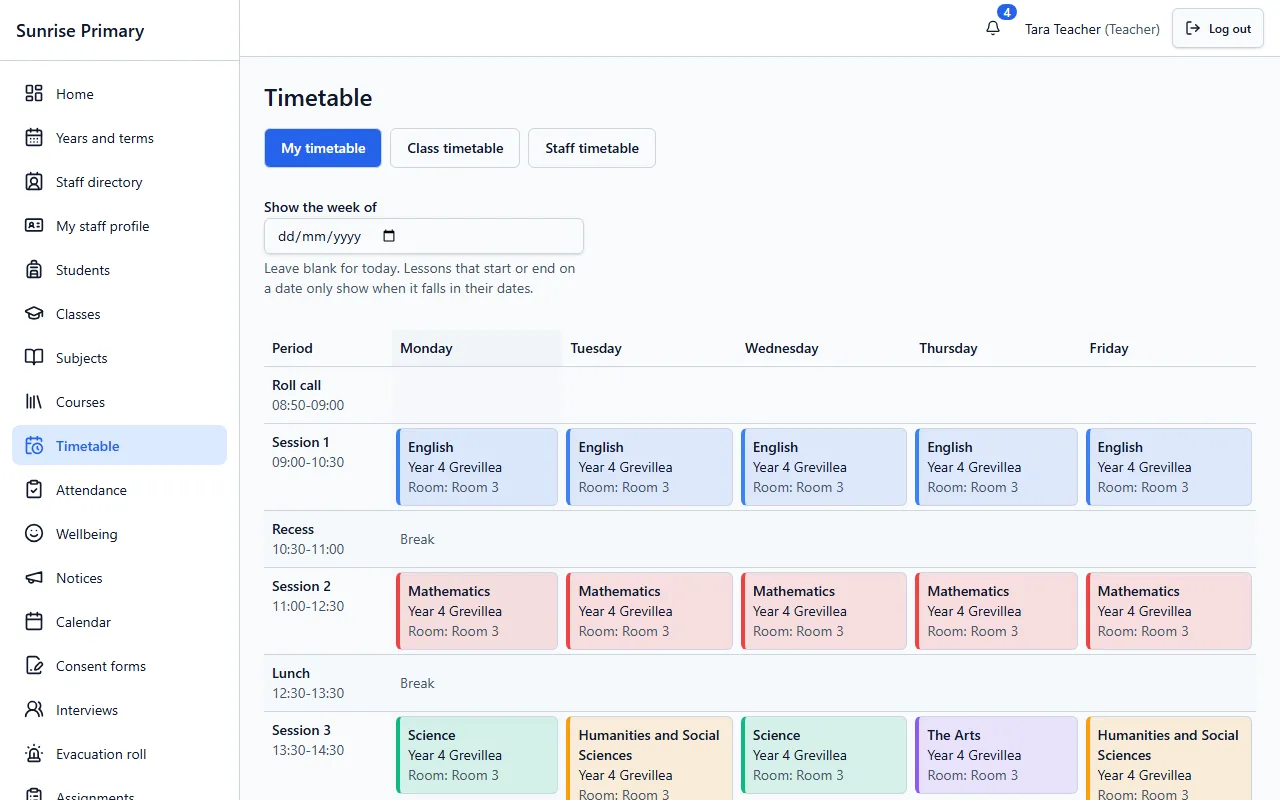 The Timetable screen of the demo school showing a teacher’s week: roll call, three sessions a day with English, Mathematics, Science and other subjects in colour, rooms, and recess and lunch breaks.