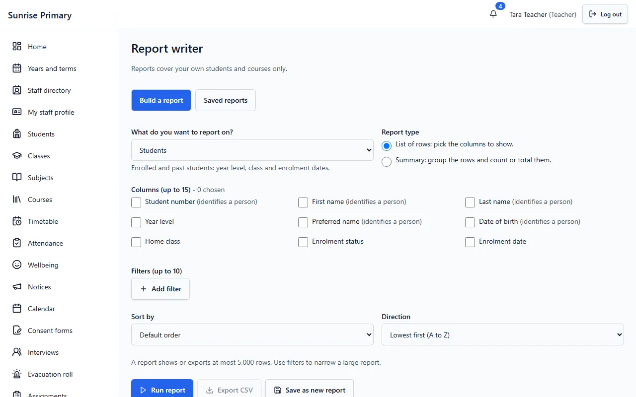 The Report writer screen of the demo school: choose what to report on, a list or summary, columns to tick with those that identify a person labelled, filters, sorting, and buttons to run, export and save.